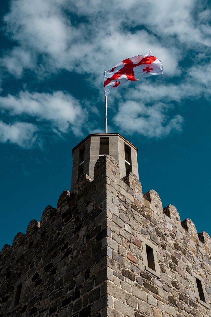 castle, fortress, georgian flag, georgia, flag, architecture, facade